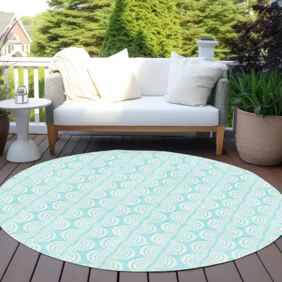 8' Aqua And Beige Round Ogee Washable Indoor Outdoor Area Rug Photo 7