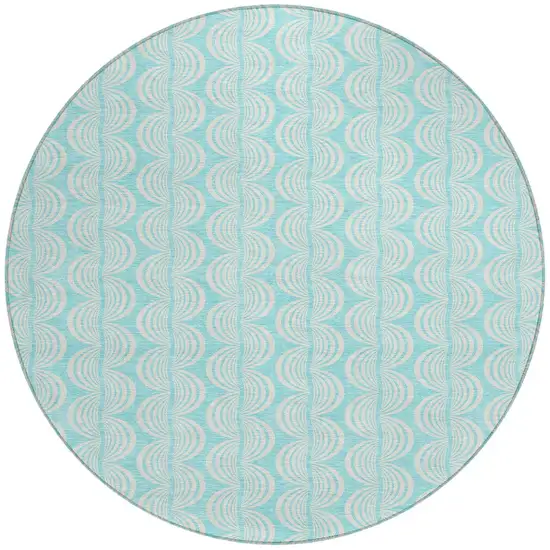 8' Aqua And Beige Round Ogee Washable Indoor Outdoor Area Rug Photo 5