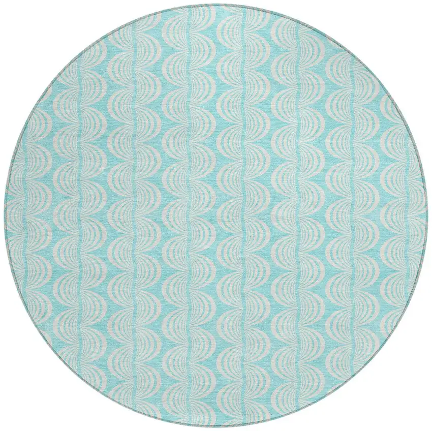 8' Aqua And Beige Round Ogee Washable Indoor Outdoor Area Rug Photo 5