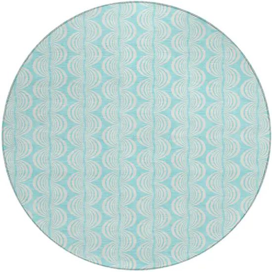 8' Aqua And Beige Round Ogee Washable Indoor Outdoor Area Rug Photo 2