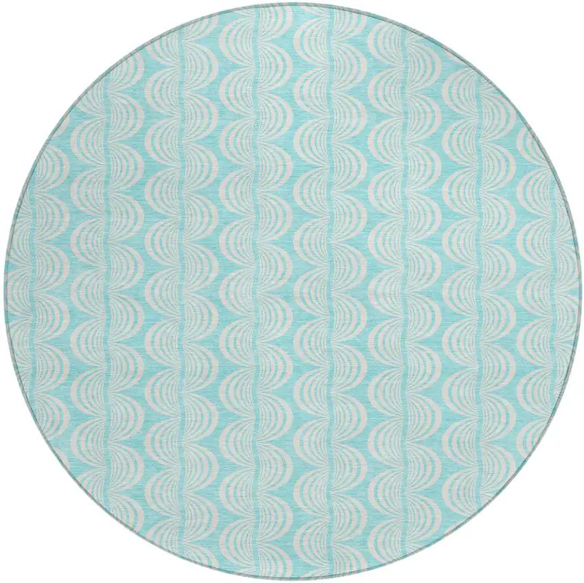 8' Aqua And Beige Round Ogee Washable Indoor Outdoor Area Rug Photo 2