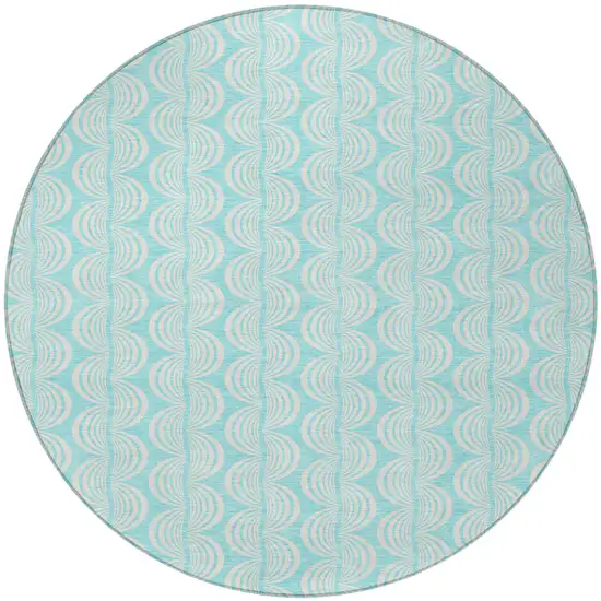 8' Aqua And Beige Round Ogee Washable Indoor Outdoor Area Rug Photo 6