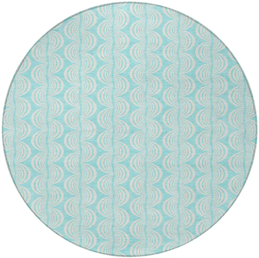 8' Aqua And Beige Round Ogee Washable Indoor Outdoor Area Rug Photo 6