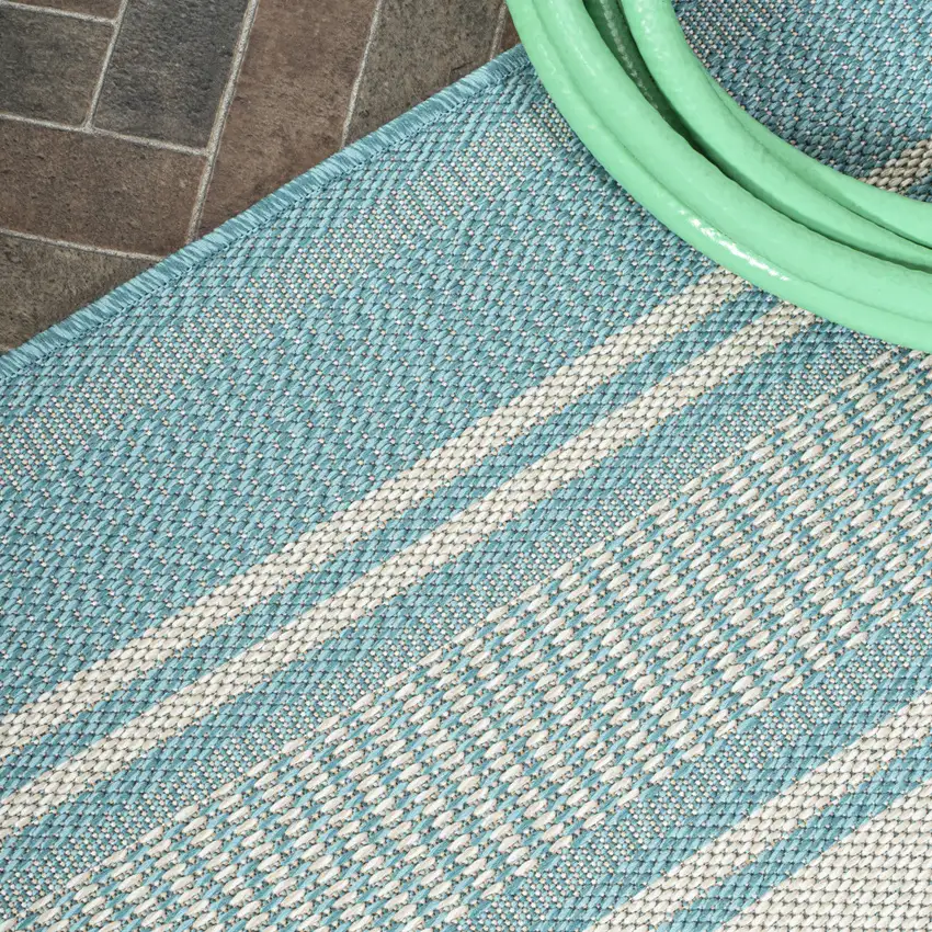 8' Aqua And Beige Striped Indoor Outdoor Runner Rug Photo 8