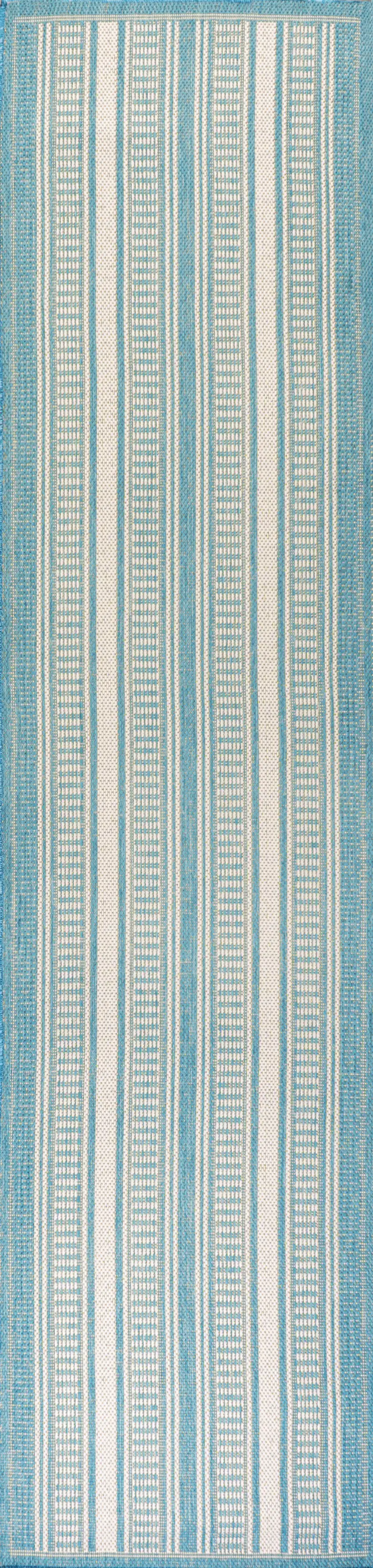 8' Aqua And Beige Striped Indoor Outdoor Runner Rug Photo 6