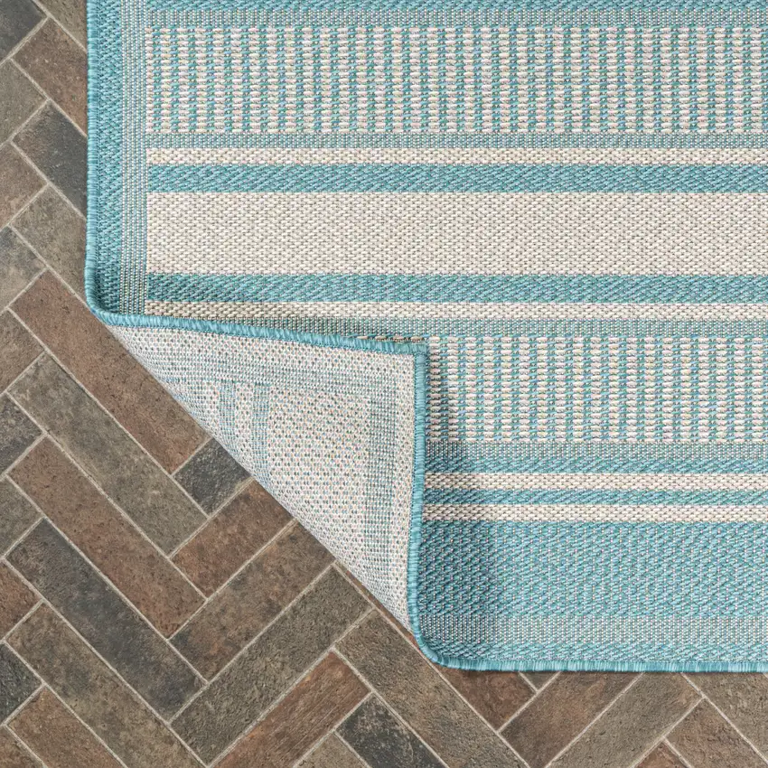 8' Aqua And Beige Striped Indoor Outdoor Runner Rug Photo 7