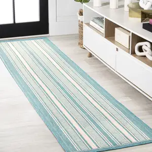 Photo of 8' Aqua And Beige Striped Indoor Outdoor Runner Rug