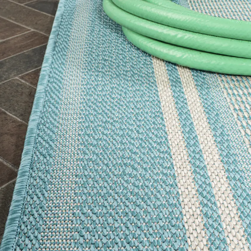 8' Aqua And Beige Striped Indoor Outdoor Runner Rug Photo 9