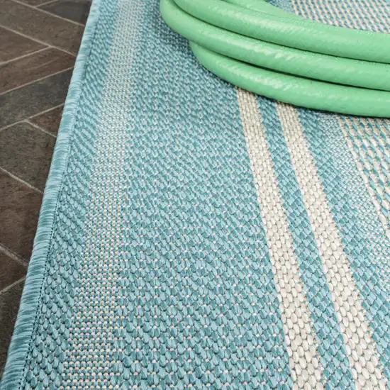 8' Aqua And Beige Striped Indoor Outdoor Runner Rug Photo 9