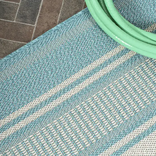 8' Aqua And Beige Striped Indoor Outdoor Runner Rug Photo 8