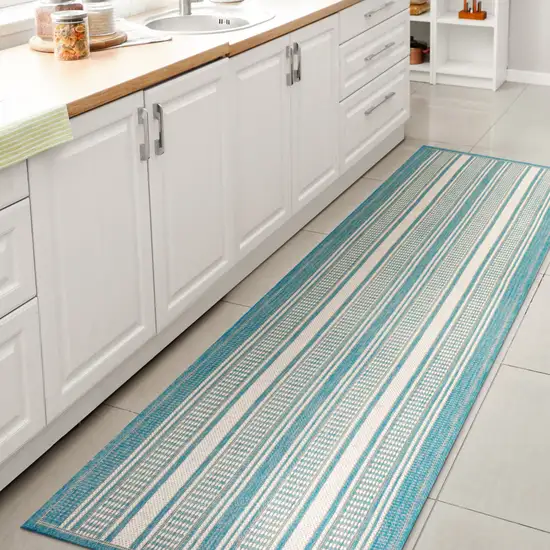 8' Aqua And Beige Striped Indoor Outdoor Runner Rug Photo 3