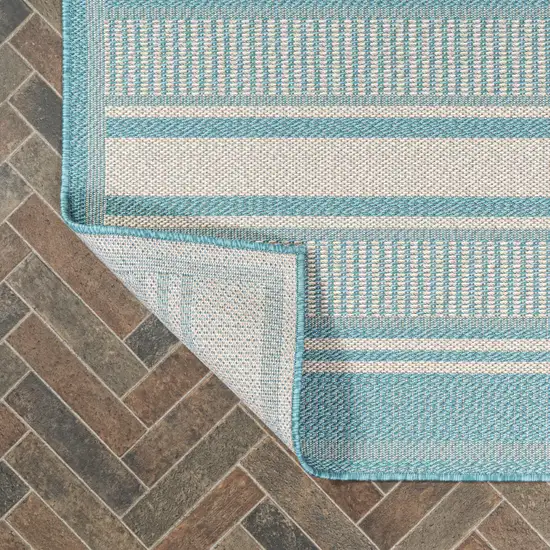 8' Aqua And Beige Striped Indoor Outdoor Runner Rug Photo 7