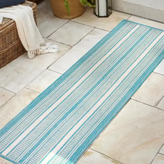 8' Aqua And Beige Striped Indoor Outdoor Runner Rug Photo 2
