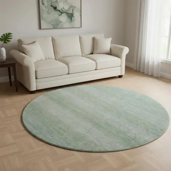 8' Aqua And Beige Striped Washable Round Rug With UV Protection Photo 2