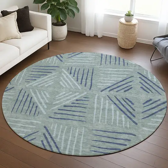 8' Aqua And Blue Round Geometric Washable Indoor Outdoor Area Rug Photo 5