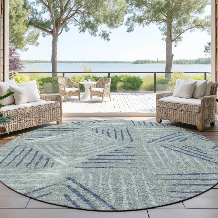 8' Aqua And Blue Round Geometric Washable Indoor Outdoor Area Rug Photo 4
