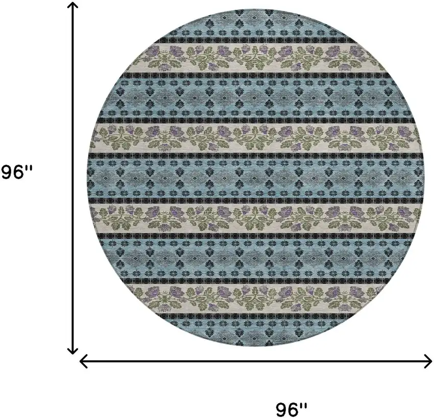 8' Aqua And Charcoal Round Striped Washable Indoor Outdoor Area Rug Photo 8