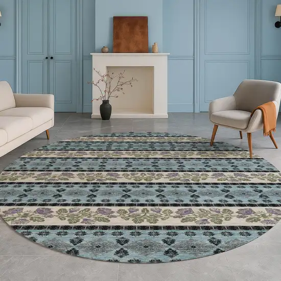 8' Aqua And Charcoal Round Striped Washable Indoor Outdoor Area Rug Photo 5