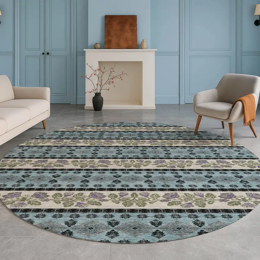 8' Aqua And Charcoal Round Striped Washable Indoor Outdoor Area Rug Photo 5