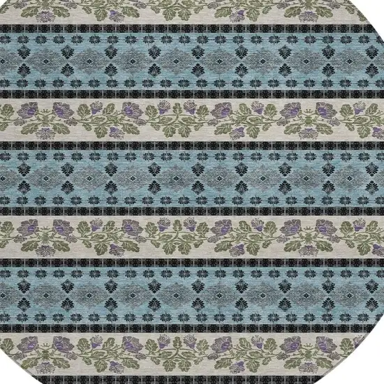8' Aqua And Charcoal Round Striped Washable Indoor Outdoor Area Rug Photo 2