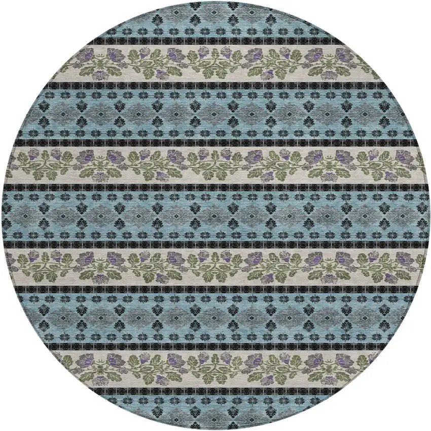 8' Aqua And Charcoal Round Striped Washable Indoor Outdoor Area Rug Photo 1