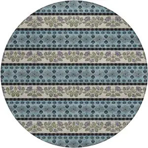 Photo of 8' Aqua And Charcoal Round Striped Washable Indoor Outdoor Area Rug