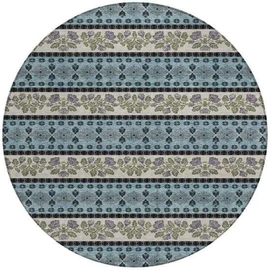 8' Aqua And Charcoal Round Striped Washable Indoor Outdoor Area Rug Photo 3