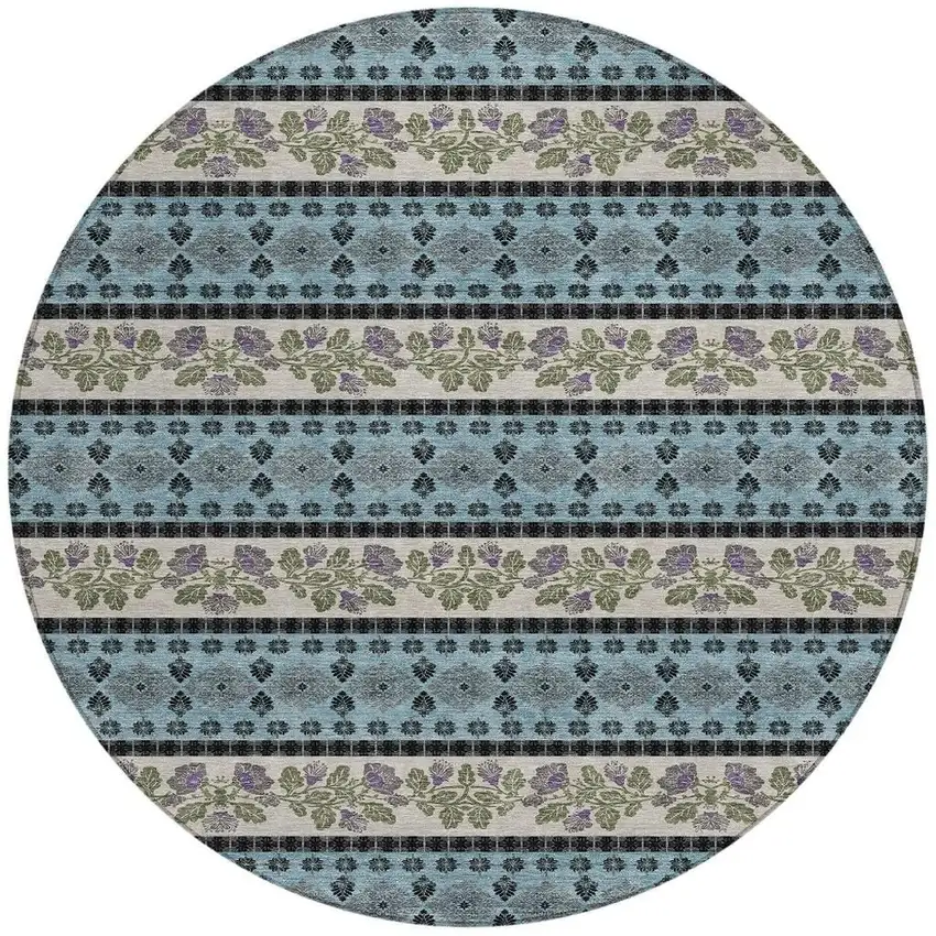 8' Aqua And Charcoal Round Striped Washable Indoor Outdoor Area Rug Photo 3