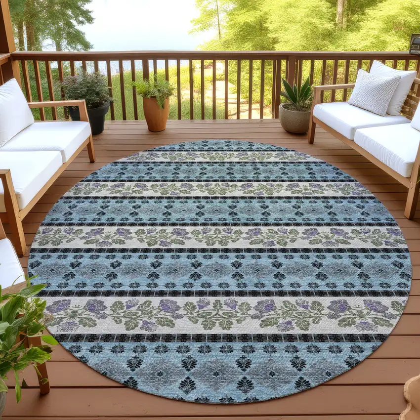 8' Aqua And Charcoal Round Striped Washable Indoor Outdoor Area Rug Photo 4