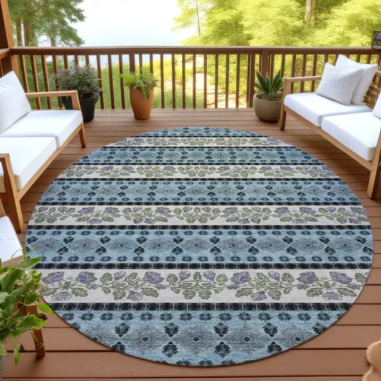 8' Aqua And Charcoal Round Striped Washable Indoor Outdoor Area Rug Photo 4