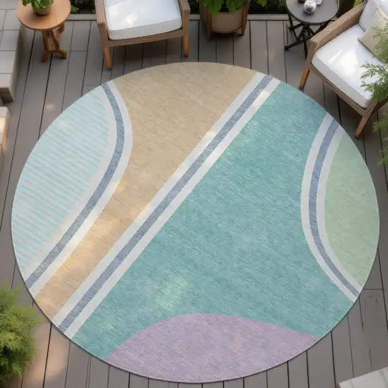 8' Aqua And Copper Round Geometric Washable Indoor Outdoor Area Rug Photo 4