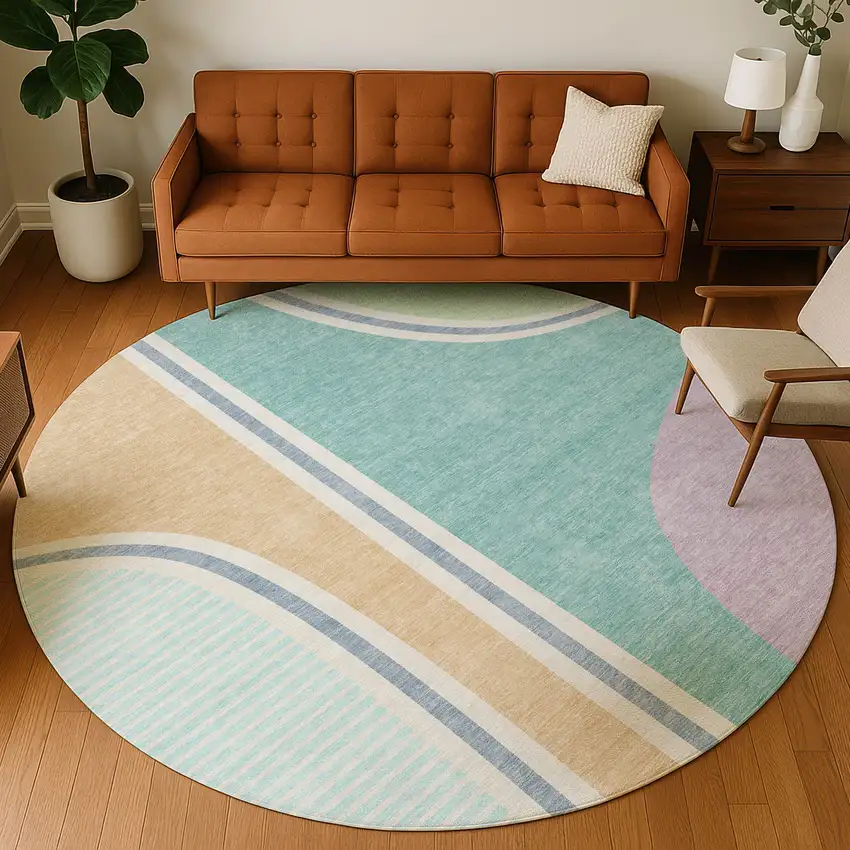 8' Aqua And Copper Round Geometric Washable Indoor Outdoor Area Rug Photo 5