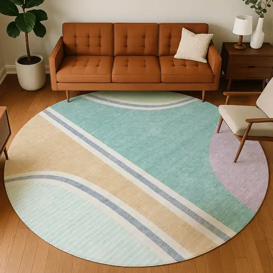 8' Aqua And Copper Round Geometric Washable Indoor Outdoor Area Rug Photo 5