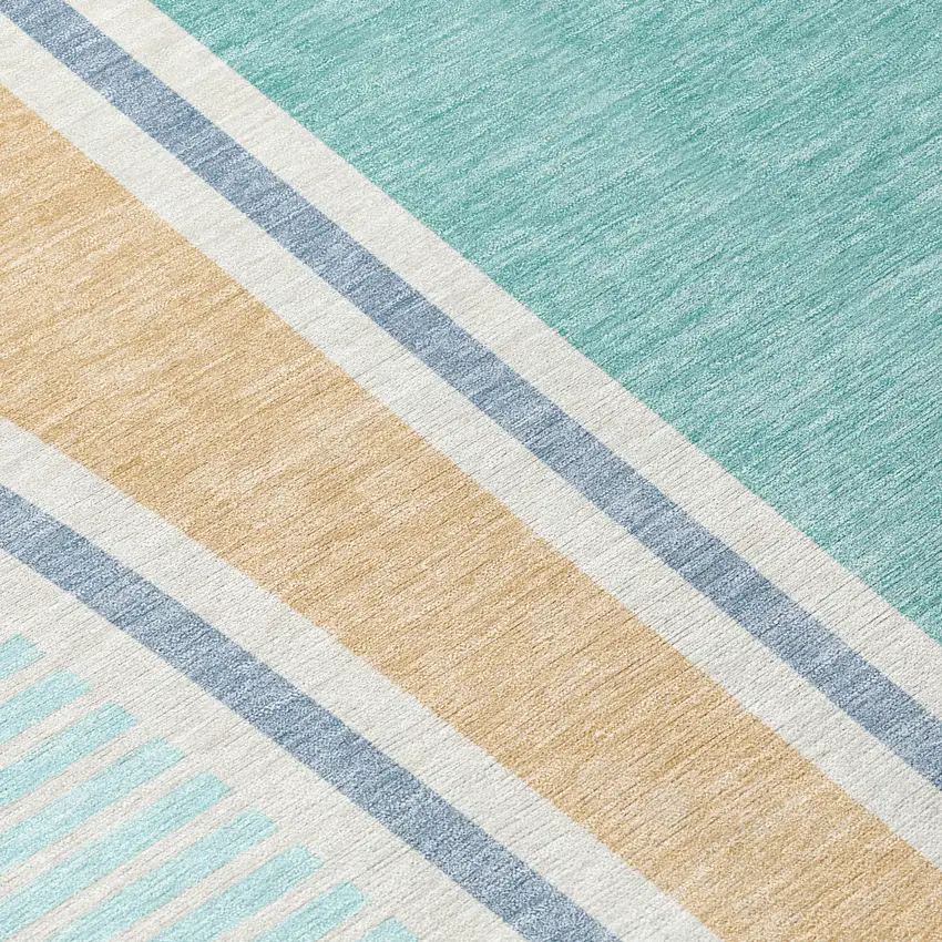 8' Aqua And Copper Round Geometric Washable Indoor Outdoor Area Rug Photo 7