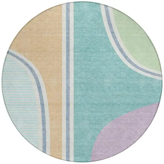8' Aqua And Copper Round Geometric Washable Indoor Outdoor Area Rug Photo 3