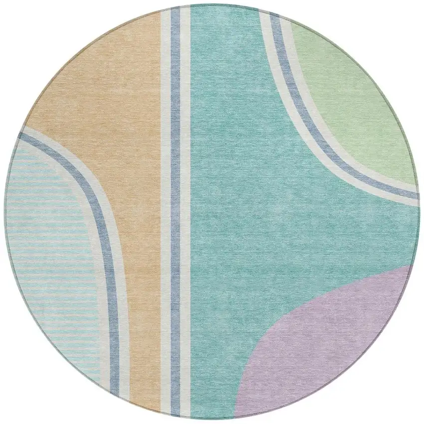 8' Aqua And Copper Round Geometric Washable Indoor Outdoor Area Rug Photo 3