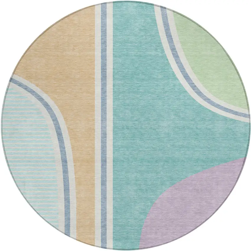 8' Aqua And Copper Round Geometric Washable Indoor Outdoor Area Rug Photo 1