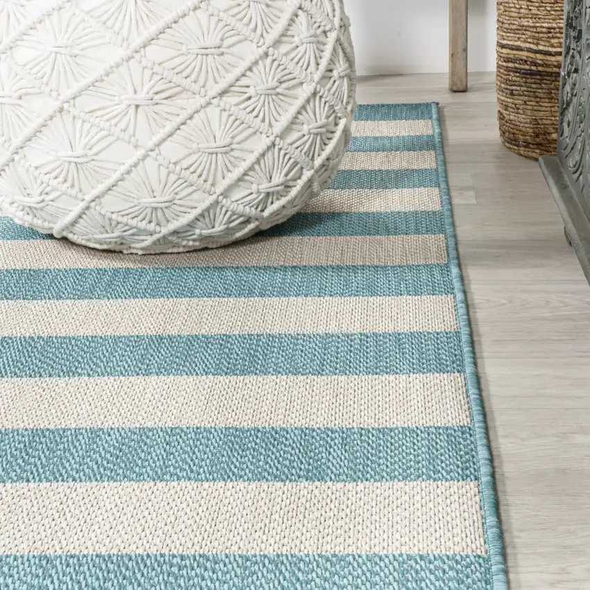 8' Aqua And Cream Striped Indoor Outdoor Runner Rug Photo 4