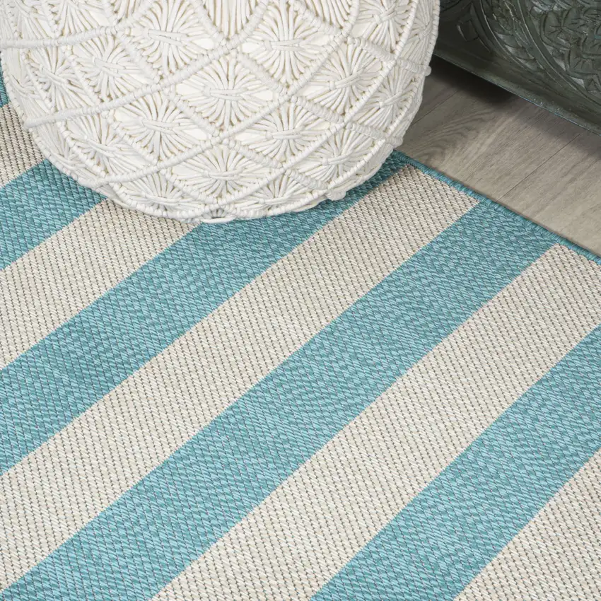 8' Aqua And Cream Striped Indoor Outdoor Runner Rug Photo 8