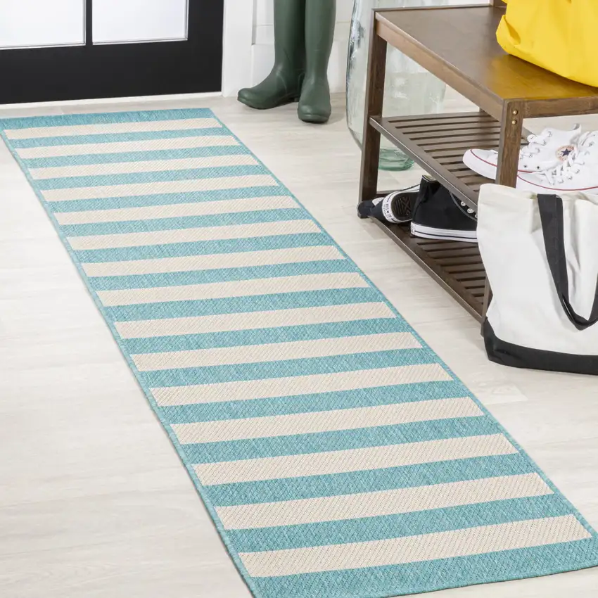 8' Aqua And Cream Striped Indoor Outdoor Runner Rug Photo 1