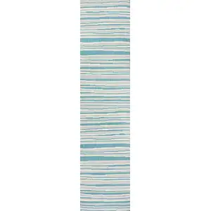 Photo of 8' Aqua And Cream Striped Indoor Outdoor Runner Rug