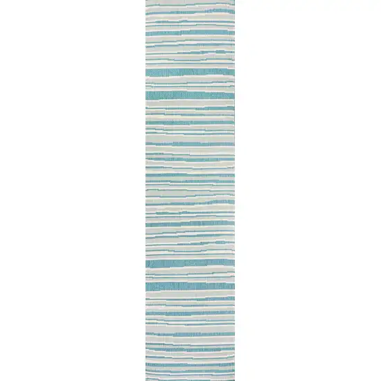 8' Aqua And Cream Striped Indoor Outdoor Runner Rug Photo 1