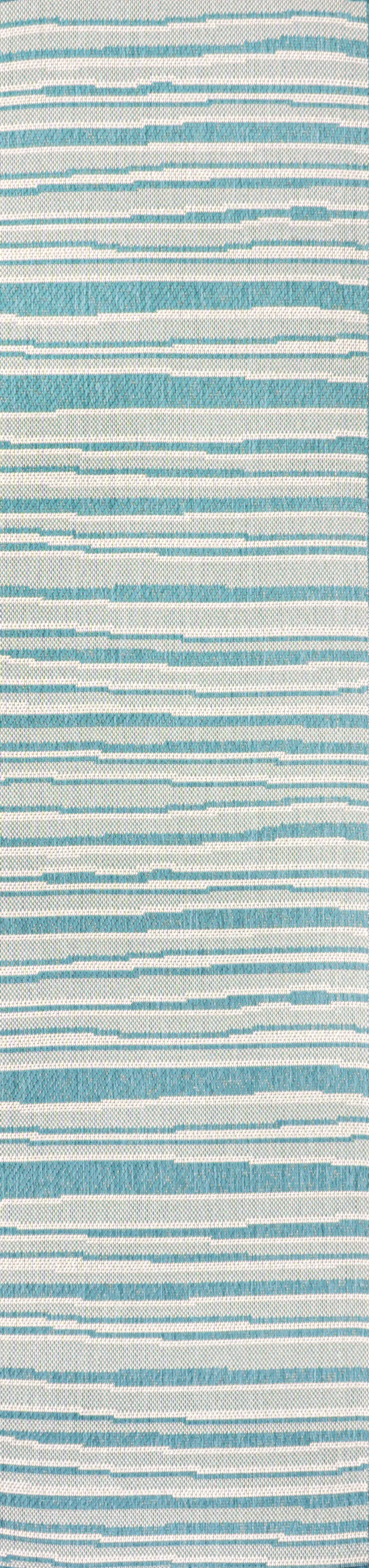 8' Aqua And Cream Striped Indoor Outdoor Runner Rug Photo 1