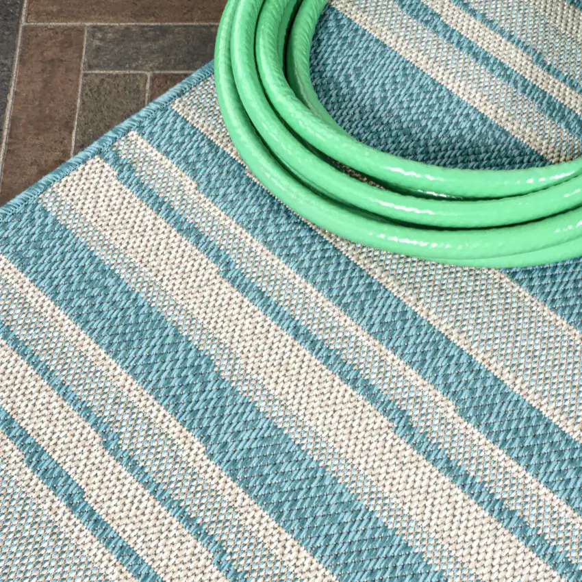 8' Aqua And Cream Striped Indoor Outdoor Runner Rug Photo 6