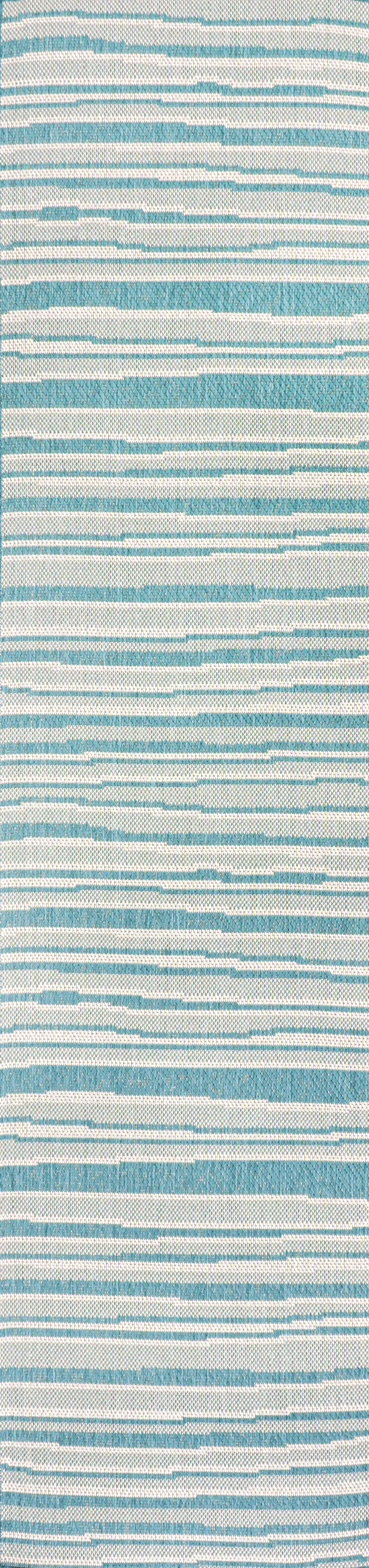 8' Aqua And Cream Striped Indoor Outdoor Runner Rug Photo 3