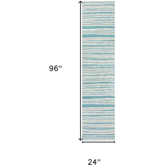 8' Aqua And Cream Striped Indoor Outdoor Runner Rug Photo 7