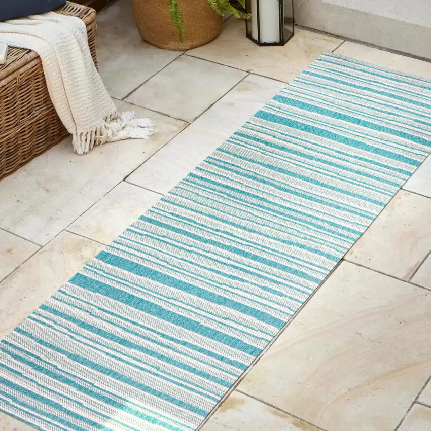 8' Aqua And Cream Striped Indoor Outdoor Runner Rug Photo 5