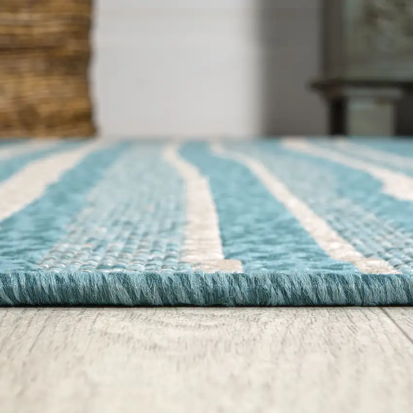 8' Aqua And Cream Striped Indoor Outdoor Runner Rug Photo 9