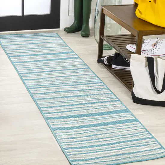 8' Aqua And Cream Striped Indoor Outdoor Runner Rug Photo 4