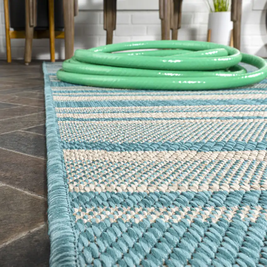 8' Aqua And Cream Striped Indoor Outdoor Runner Rug Photo 7